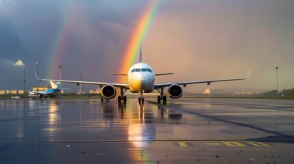 At the airport launch zone a rainbow stands out against the grey infrastructure a reminder of...