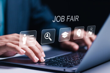 Job Fair concept. employee recruitment and onboarding program. occupational, applicants, recruit, and hiring. Businessman using laptop with job fair icon on virtual screen. - obrazy, fototapety, plakaty