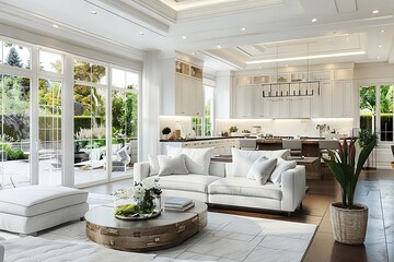 Elegant and Spacious Living Room with Natural Light, Modern Furniture, and a View of the Pool - Perfect for Relaxing or Entertaining Guests - obrazy, fototapety, plakaty