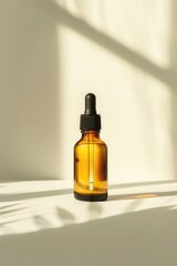 Fototapeta premium Minimalist amber glass bottle with dropper, highlighted by natural sunlight on a plain white background