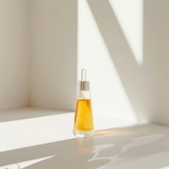 A clear dropper bottle stands on a white surface, casting a sharp shadow in bright, contrasting light