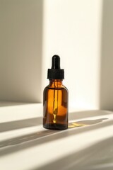 Minimalist amber glass bottle with dropper, highlighted by natural sunlight on a plain white background