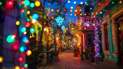 Fototapeta na wymiar A closeup of a brightly lit street with houses and buildings decorated with colorful lights and diyas creating a festive atmosphere.
