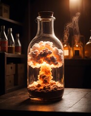 A glass bottle contains a mysterious liquid inside, creating a mesmerizing mushroom cloud effect. Is it a drink, gas, or ingredient for cuisine Its definitely a unique pet supply to display - obrazy, fototapety, plakaty