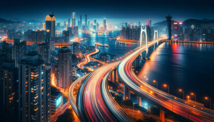 Fototapeta na wymiar A panoramic cityscape of a megapolis at night.