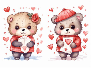 Watercolor valentines day love polar bear couple, hand drawn watercolor illustration for greeting...