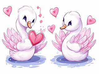 Watercolor valentines day love swan couple, hand drawn watercolor illustration for greeting card or...