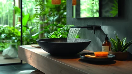 Selbstklebende Fototapeten A modern black granite sink with a seamless waterfall edge is perfectly complemented by a minimalist matte black faucet creating a stunning statement piece in a sleek bathroom © Justlight