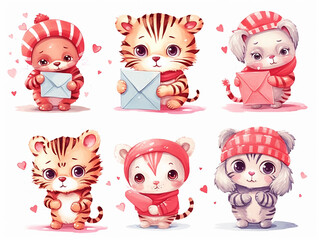 Cute tigers with hearts. Happy Valentine's Day. Illustrations for poster, postcards isolated on...