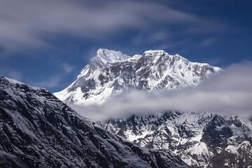 View of the snowcapped peak of Annapurna 2 mountain summit at Annapurna circuit trek.