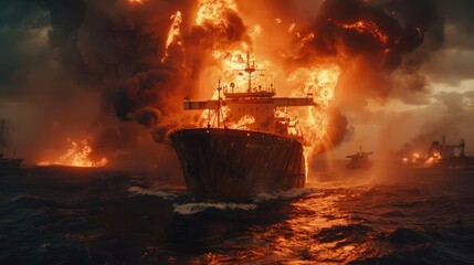 Fototapeta premium Ship fire. A large general cargo ship for logistics, import, export, and goods exploded and caused a large amount of fire and smoke at sea.