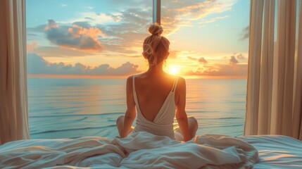 Woman sitting on bed nearly window looking to Beautiful sunset above sea. Vacation enjoying in the morning.