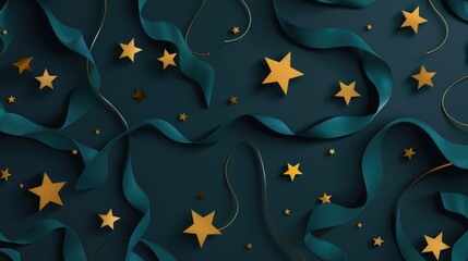 Christmas and New Year festive background. Golden stars and gilded ribbons on Navy blue background with copy space for text. The concept of Christmas and New Year holiday Ai generative