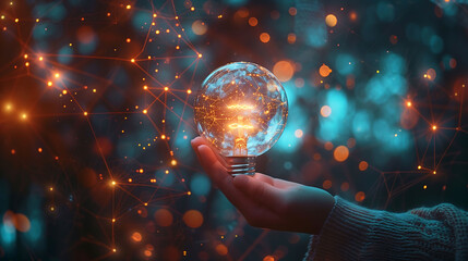 Woman Hand holding light bulb, Concept of Ideas for presenting new ideas, innovative technology and creativity, Energy saving