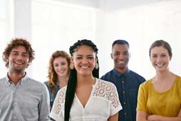 Business people, portrait and happy with teamwork at work for recruitment, onboarding or hiring...