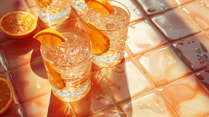 Refreshing orange juice drink in a clear glass, a healthy and refreshing beverage with citrus goodness, cocktail, summer day, Party menu vacation, orange tile background
