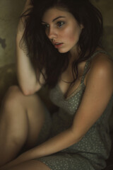 Naklejka premium portrait of a sensual pose of a beautiful brunette woman in her twenties with dark hair, for Instagram and social media