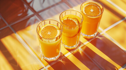 Refreshing orange juice drink in a clear glass, a healthy and refreshing beverage with citrus goodness, cocktail, summer day, Party menu vacation, orange tile background