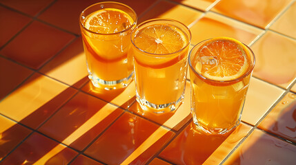 Refreshing orange juice drink in a clear glass, a healthy and refreshing beverage with citrus goodness, cocktail, summer day, Party menu vacation, orange tile background
