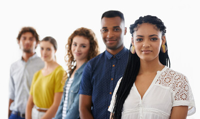 Portrait, diversity and group recruitment in row, potential and employees by white background....