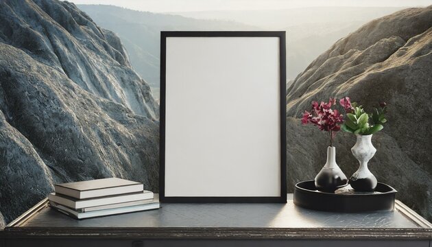 room with window and flowers wallpaper Mockup poster frame close up, 3d render