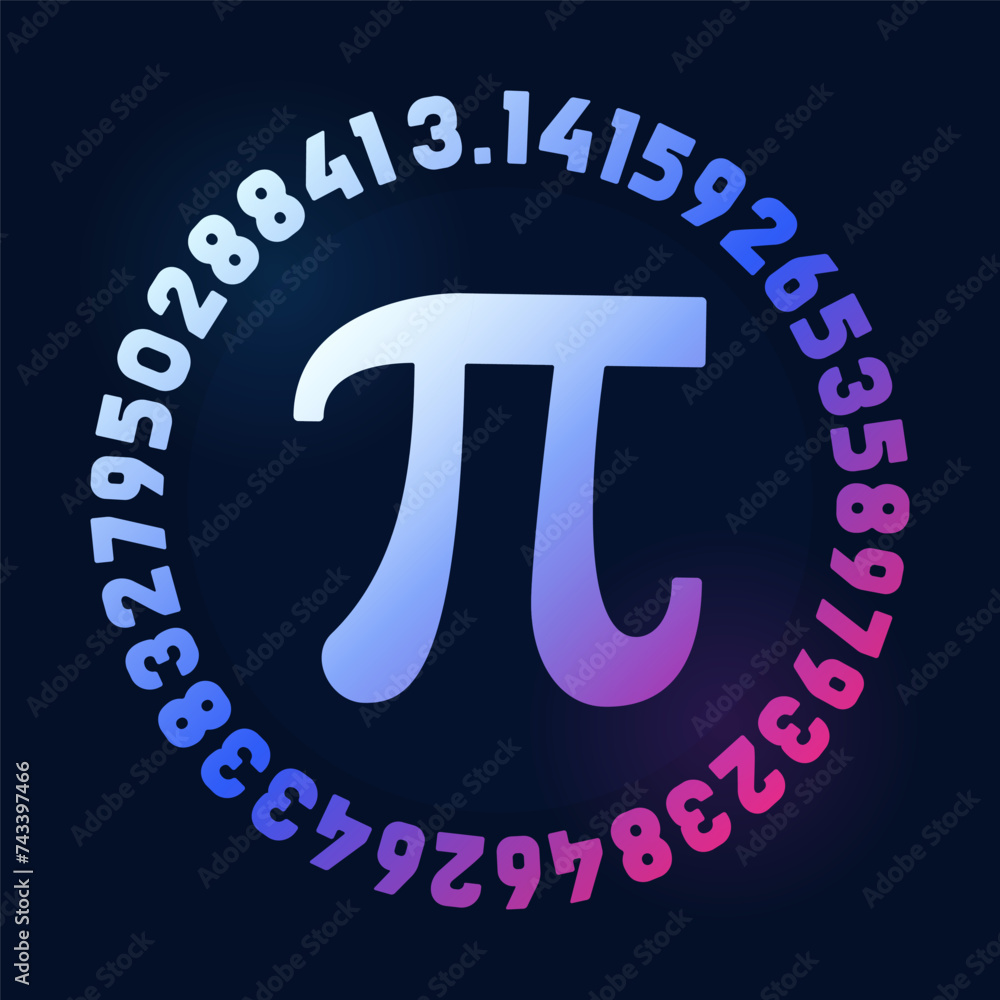 Poster 3.14 digits and pi symbol vector mathematical constant round illustration. math colored background -
