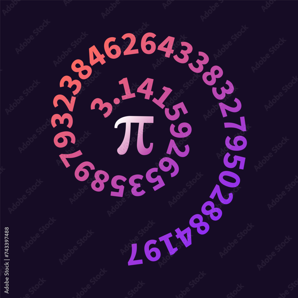 Poster 3,14 - pi spiral vector mathematical constant colored illustration. math number background