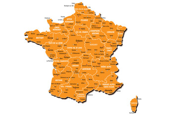 France map with borders of the regions. Detailed vector illustration of French Republic . Image for political articles and official documents.. Eps10 vector illustration.
