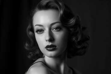 cinematic monochrome film portrait of a brunette white woman Instagram model, with a old Hollywood glamours fashion style.