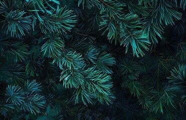 Beautiful Christmas Background with green fir tree brunch close up. Copy space, trendy moody dark toned design for seasonal quotes. Vintage December wallpaper. Natural winter holiday forest backdrop A