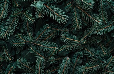 Beautiful Christmas Background with green fir tree brunch close up. Copy space, trendy moody dark toned design for seasonal quotes. Vintage December wallpaper. Natural winter holiday forest backdrop A