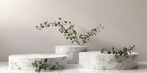 Podium for product display with  style light surface with stones and plants.AI Generative