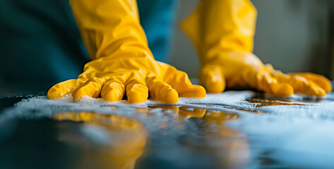 Closeup of female hands in yellow rubber gloves cleaning floor in bathroom,Close up of cleaning worker hands in yellow gloves cleaning floor with sponge - obrazy, fototapety, plakaty