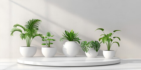 Row of houseplants in concrete flowerpots each with their own unique design.AI Generative
