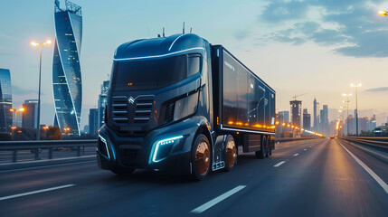 A stylish and strong truck rides along the road against the backdrop of the city of the future ecological city.