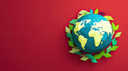 3D Colorful Isometric Geometric Shape World Globe Map Earth Day Banner with Horizontal Copy Space on Red Background