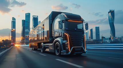 A stylish and strong truck rides along the road against the backdrop of the city of the future ecological city.