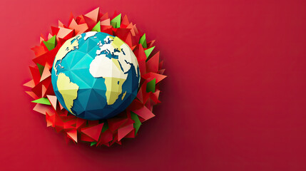 3D Colorful Isometric Geometric Shape World Globe Map Earth Day Banner with Horizontal Copy Space on Red Background