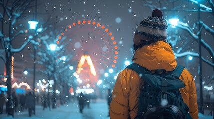Winter Traveler Stands in Front of a Ferris Wheel in  Sapporo Snow Festival, Hokkaido, Japan
