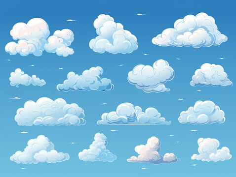 A set of watercolor painted clouds on a blue background isolated