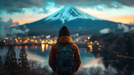 Backpacker Looking at Mountain at Dusk in Japanese-style Landscape