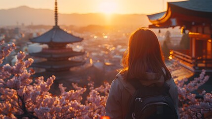 Woman Looking Out Over Pagoda at Sunset in Kyoto