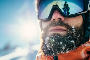 Close up of men ski racer with a beard on a sunny day with sun rays on his face, soft shadows, and bright colors