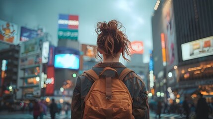 Woman with Backpack Observing City Life in shibuya crossing , japan - obrazy, fototapety, plakaty