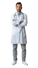 Isolated, transparent, no background, Proud Male Doctor in Gray Background Full Body Pose Healthcare Profession Portrait