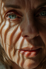 Close-up natural light photo of a beautiful mature woman, sharp shadows cast by the sun, detailed skin, iris detail, unedited skin, hyper detailed eyes, subtle imperfections