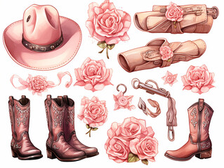 Set of watercolor western elements isolated on white background. Cowboy hat, boot, wicket. Rodeo. Wild West. Pastel color