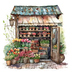 watercolor hand draw clipart of flower shop on white background
