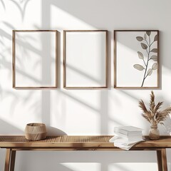 Simple elegant product mockup for a set of 3 identical wood framed art print. charming wooden cabinet adorns the wall, complete with a delicate vase of flowers and a book. 