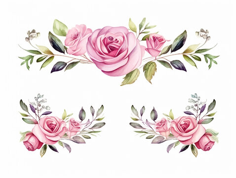 Watercolor frame pink rose flowers, a set of illustrations in handmade watercolor style on a white background